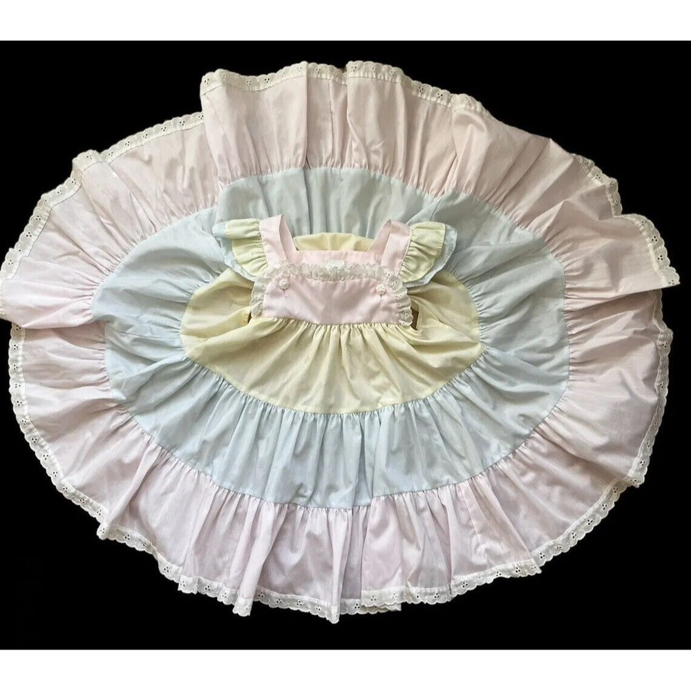 VTG Bryan Toddler Girls Lace Ruffle Full Circle Dress T3 80s Pastel Spin Layered
